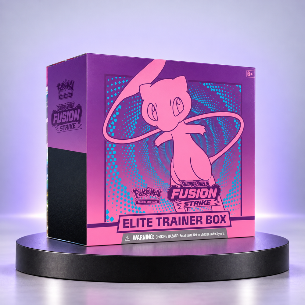 Elite Trainer Box de Pokémon Sword and Shield Fusion Strike, con Mew en la portada