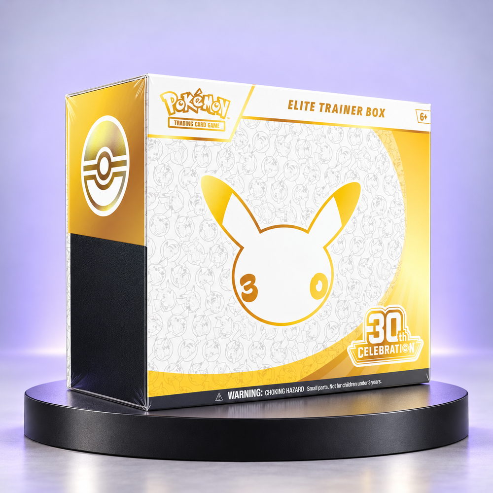 Elite Trainer Box del 30.º aniversario de Pokémon, con Pikachu dorado sobre fondo blanco
