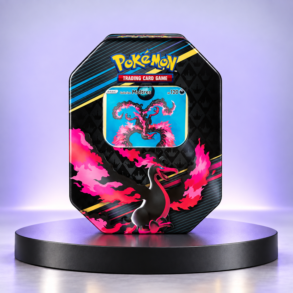 Lata sellada de Pokémon TCG Crown Zenith con Galarian Moltres en la tapa