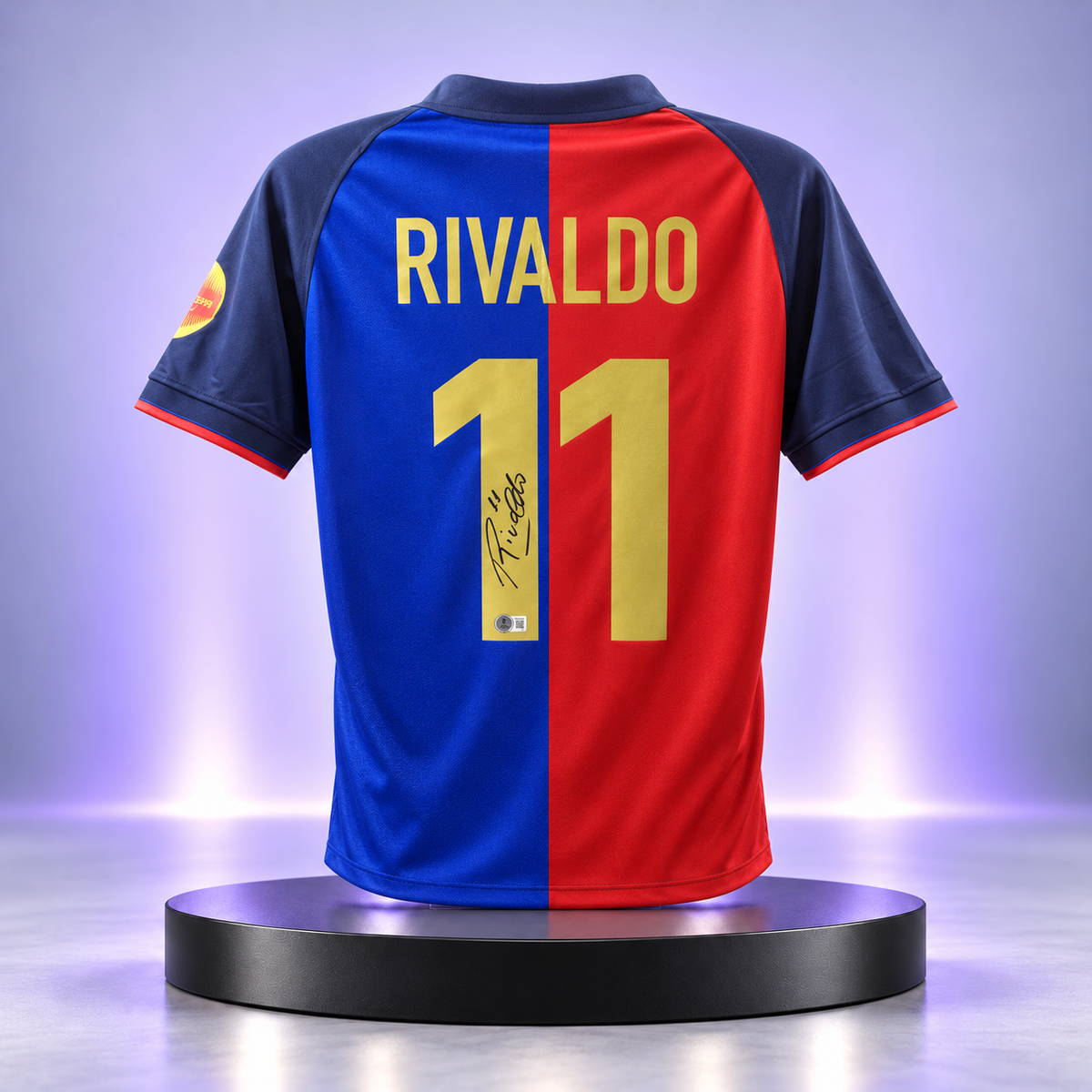Jersey azulgrana del FC Barcelona con el nombre RIVALDO y el dorsal 11 firmado