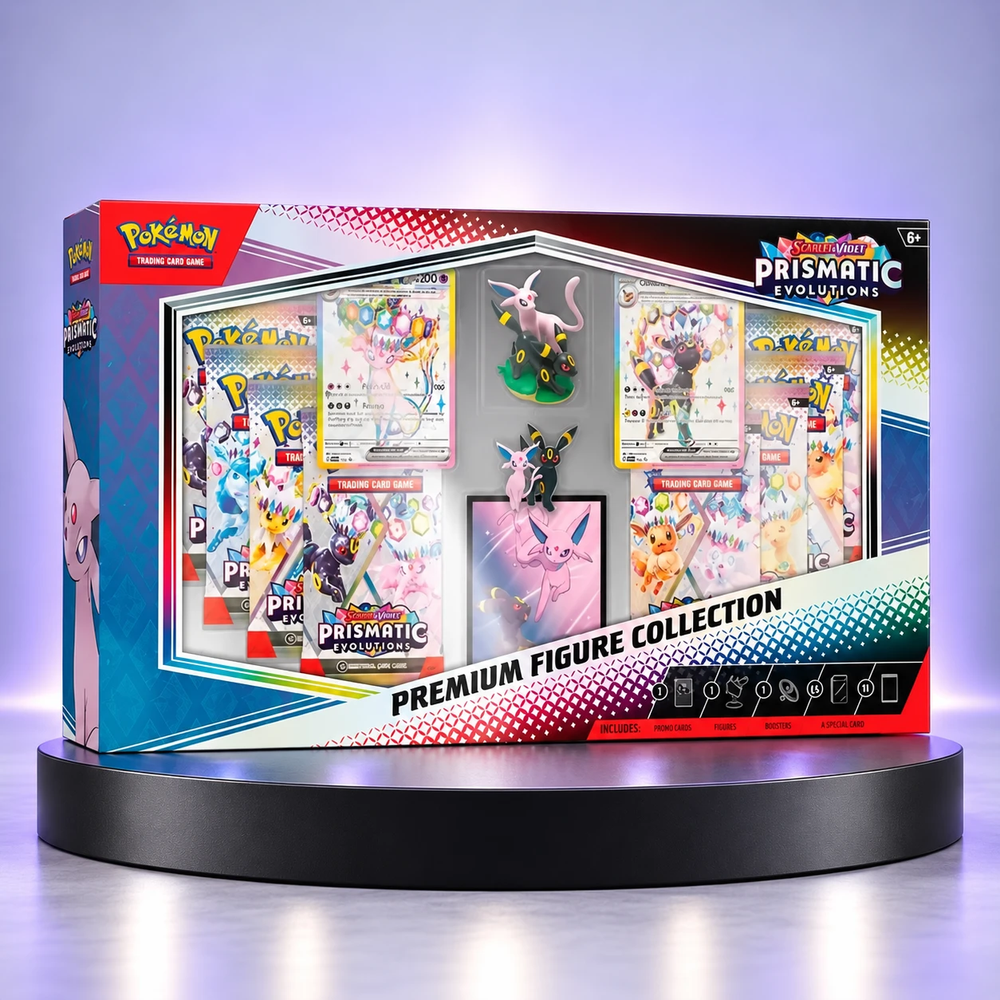 Caja sellada Pokémon TCG Prismatic Evolutions Premium Figure Collection con figuras de Espeon y Umbreon